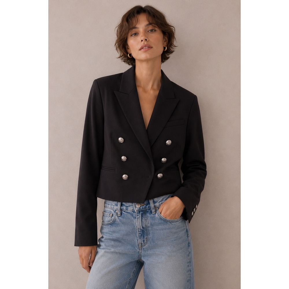 White House Black Market Cropped Double Breasted Blazer Black Silver Button 12